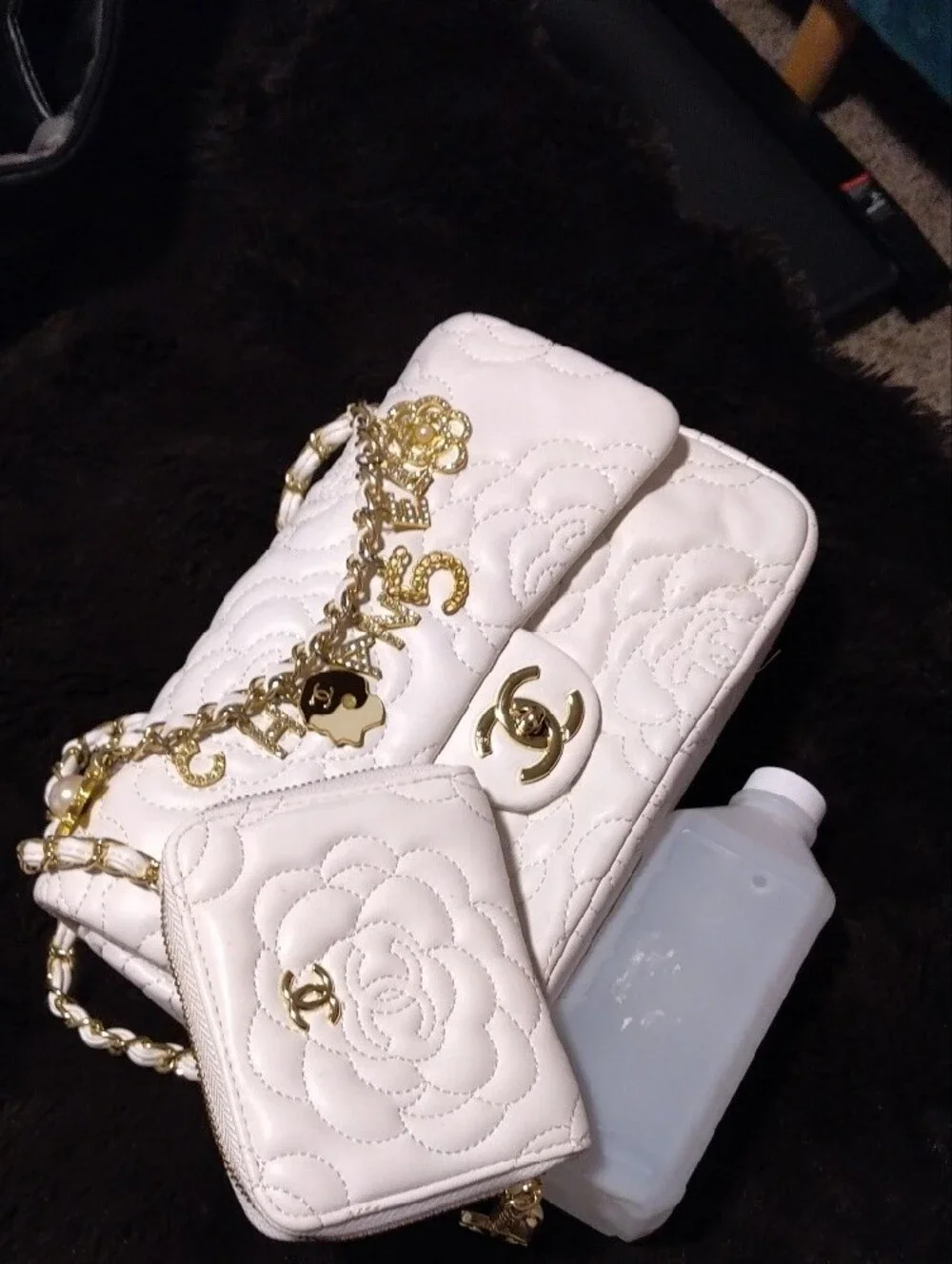 CHANEL White Quilted Camellia Charm Shoulder Bag with Gold Accents